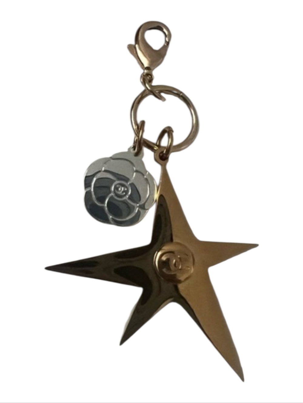 CHANEL Holiday Release Charm Gold Star Silver Camillia Flower Charm Keychain - Picture 2 of 2